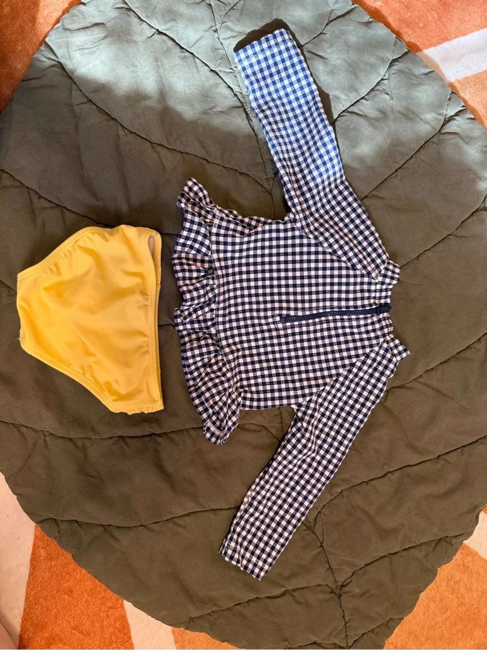 Baby Swimsuit: Navy Gingham Daisy Rash Guard Set with Yellow Swim Bottoms
